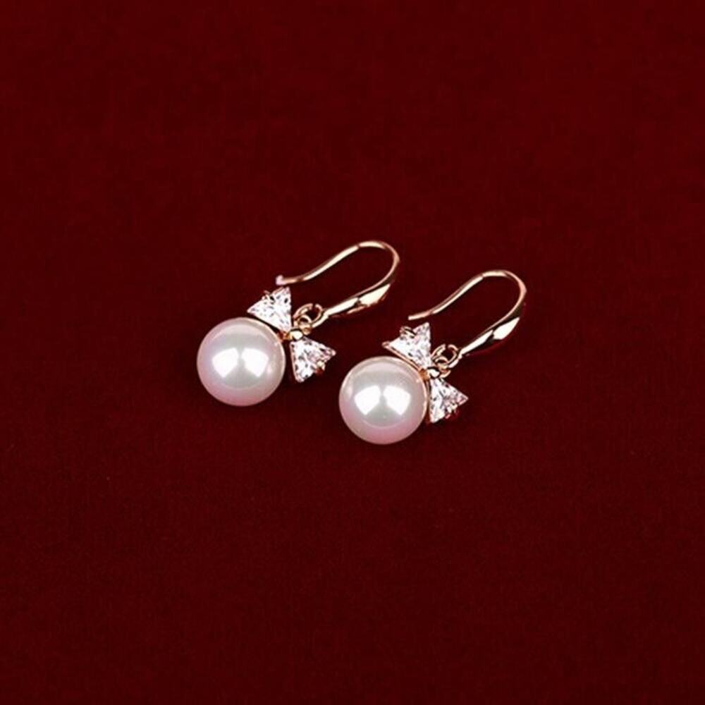 White‎ Faux Pearl Flash Diamond Bow Earrings Dangly Elegant Boho Classic Chic - Picture 3 of 6